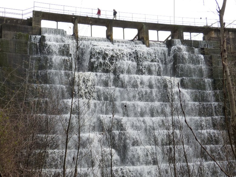 A view of the front of Searsville Dam in 2013.